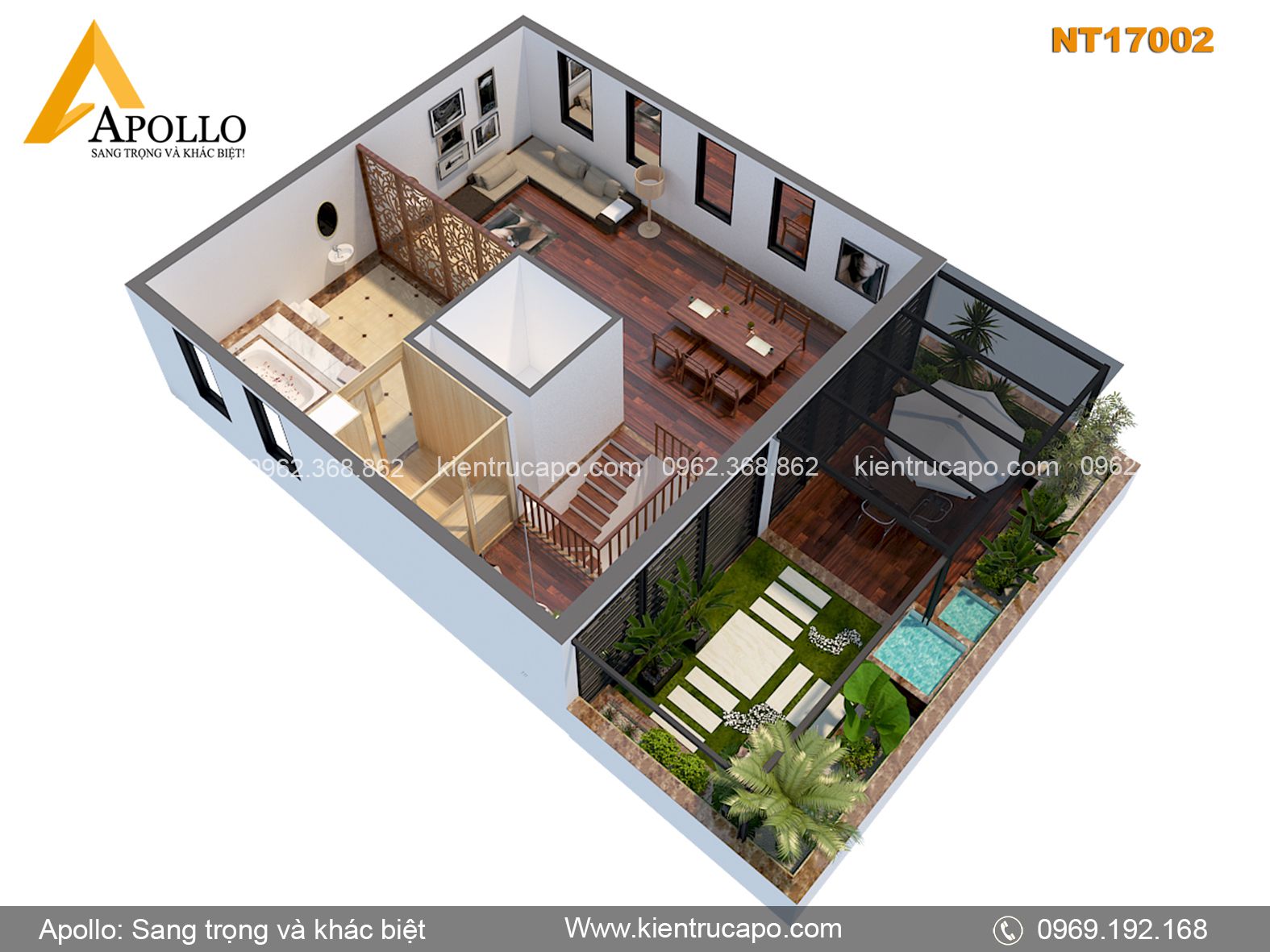 Mẫu nội thất hiện đại kết hợp sân vườn độc đáo ấn tượng (NT17002)